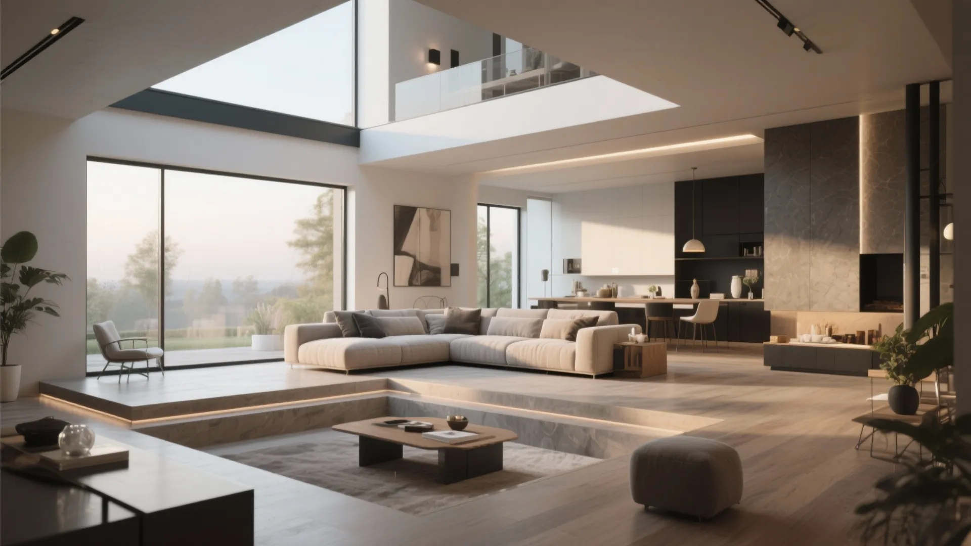 Sunken living room layout with large sectional sofa and open kitchen in a modern house