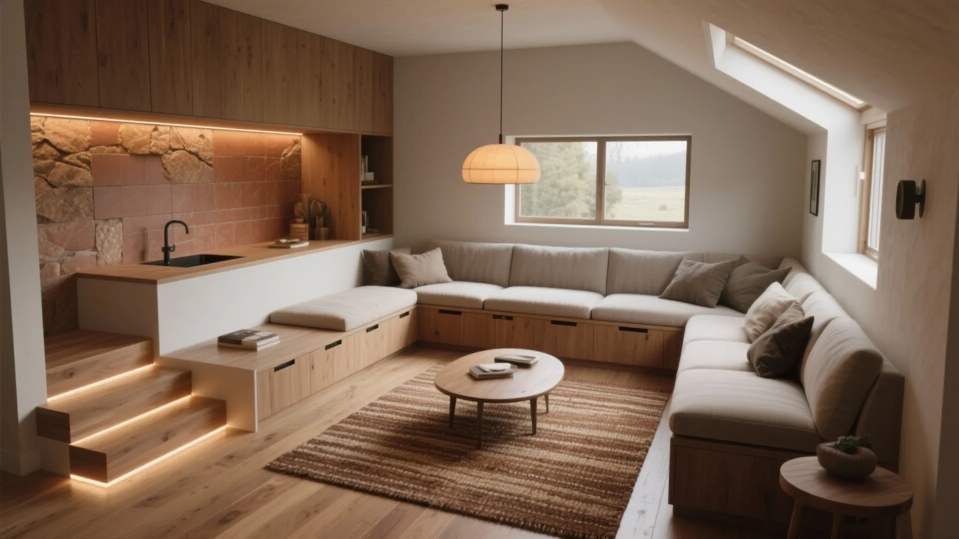 Cozy living room with large corner sofa wooden floor round coffee table and warm ceiling light