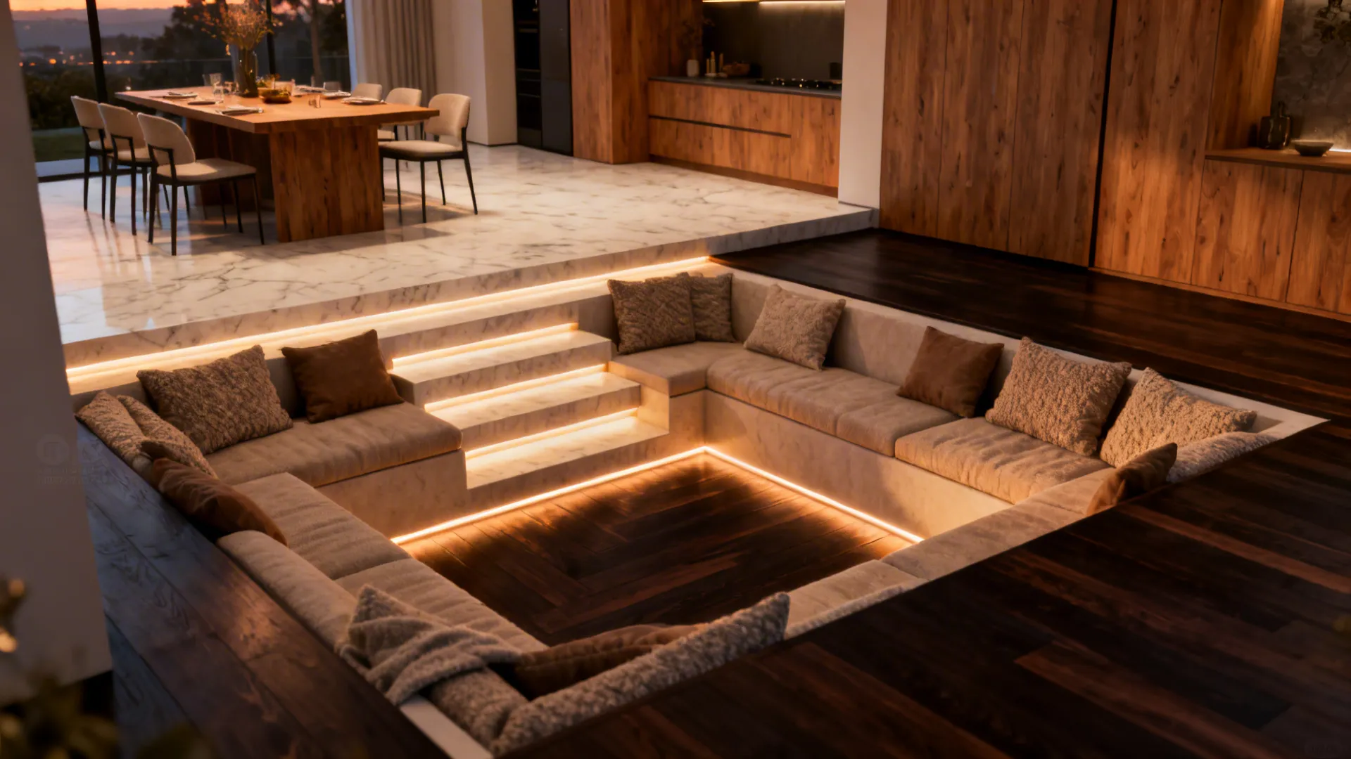Sunken living area with beige sofa next to wooden dining table with chairs and lighting
