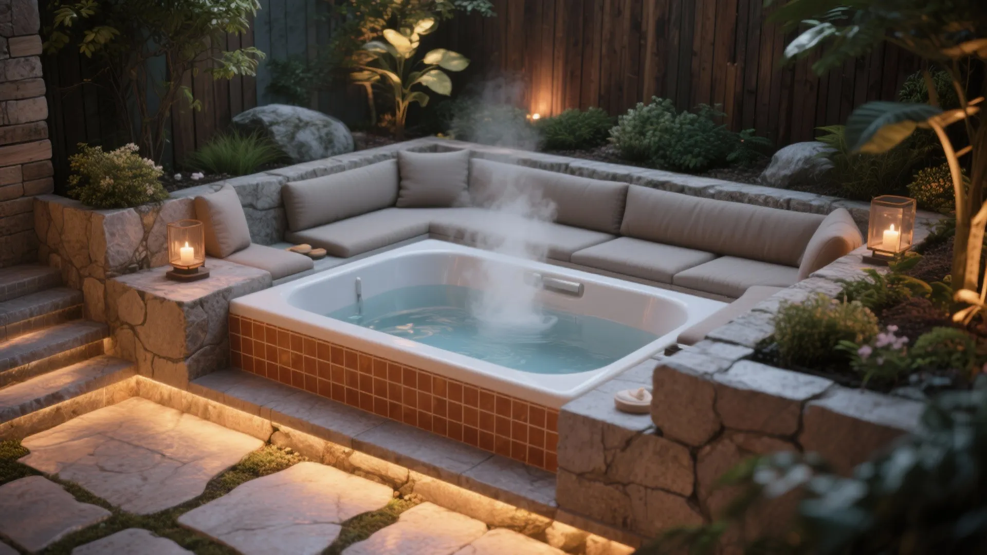 Sunken outdoor hot tub with grey sofa seating stone walls green plants and warm garden lighting
