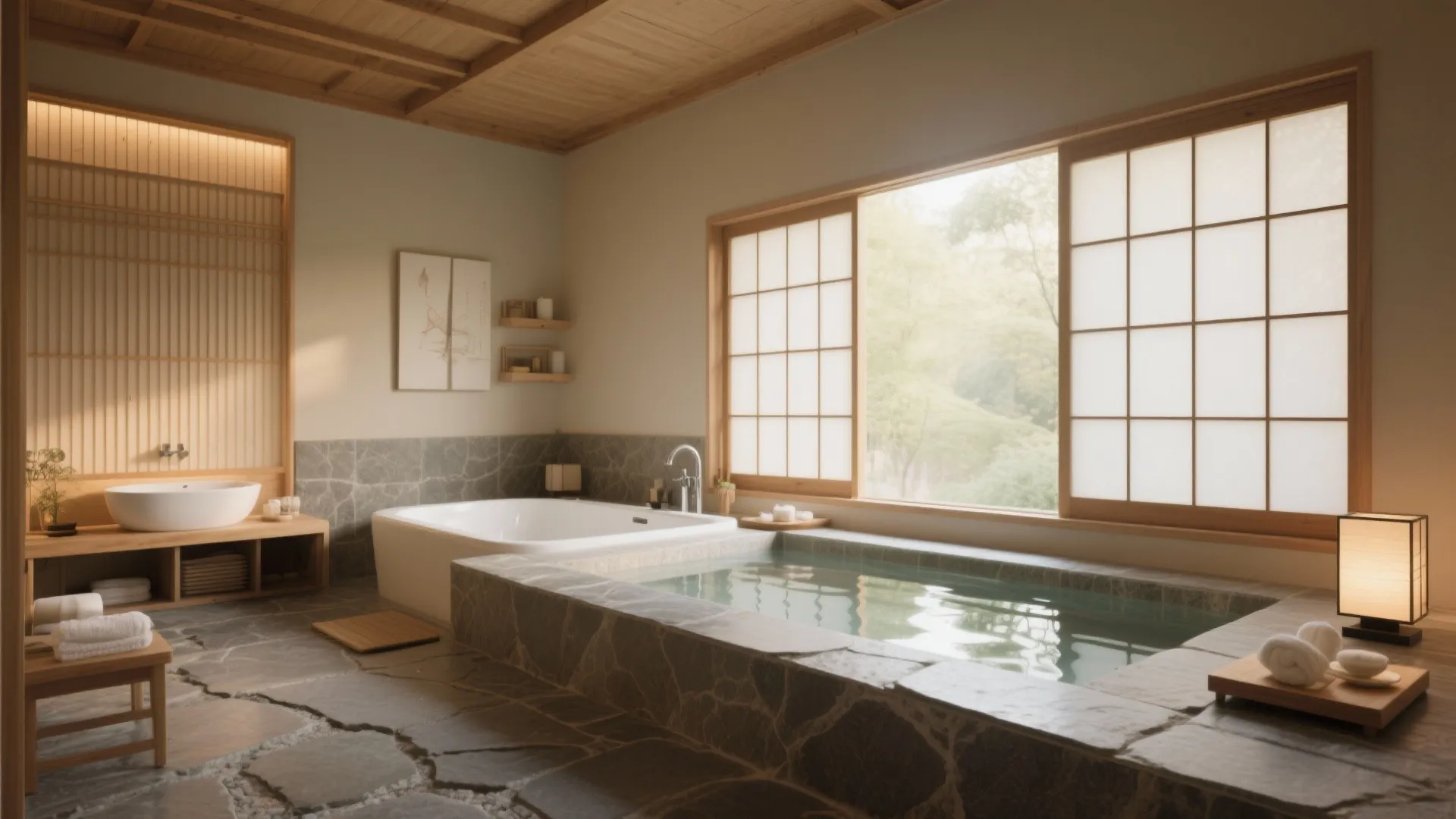 Japanese style bathroom with stone bath tub large window wooden ceiling and white washroom sink