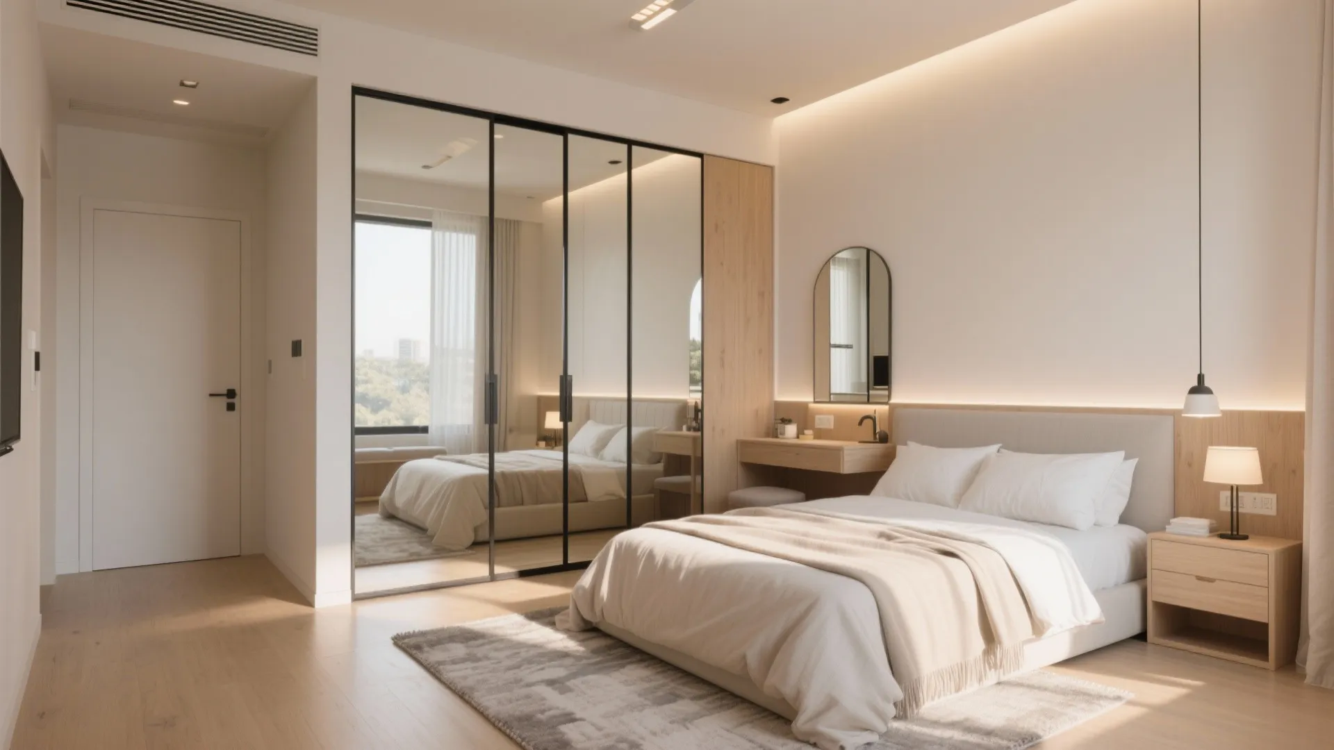 Sunlit Bedroom Zoning with Sliding Wardrobes