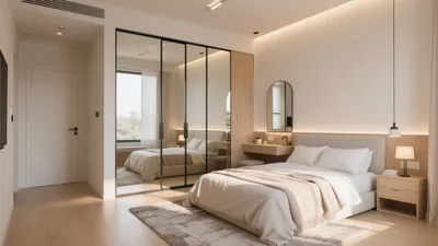 Modern Minimalist Bedroom with Mirrored Wardrobe & Ambient Lighting