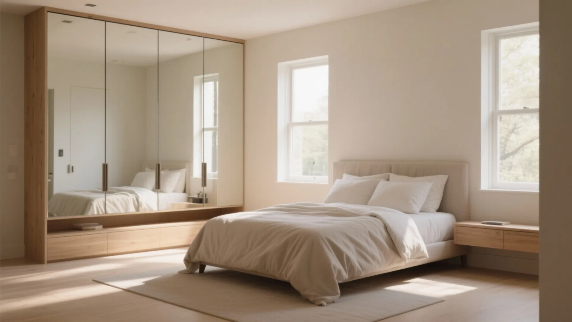 Bright bedroom design with large mirrored closet wooden floor white bed and plenty of windows