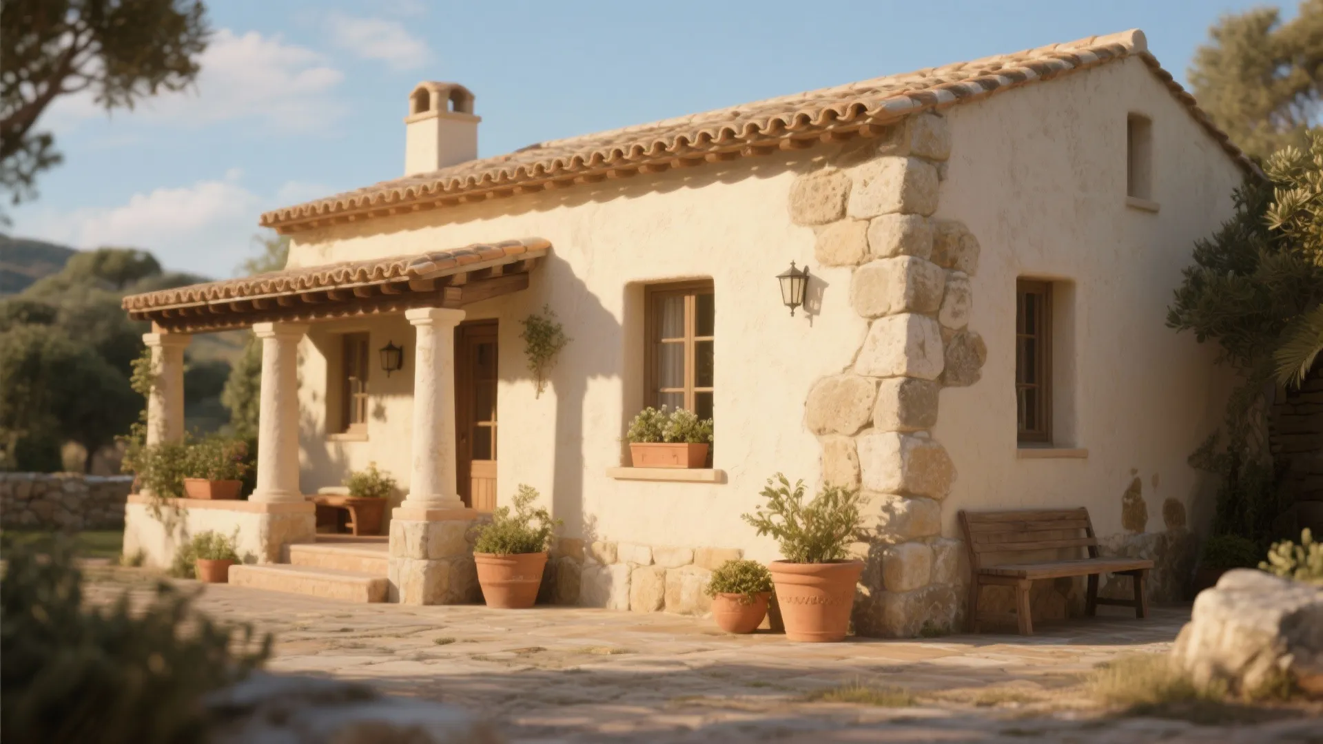 Mediterranean style beige house with stone corners tiled roof wooden bench and potted plants in sunlight