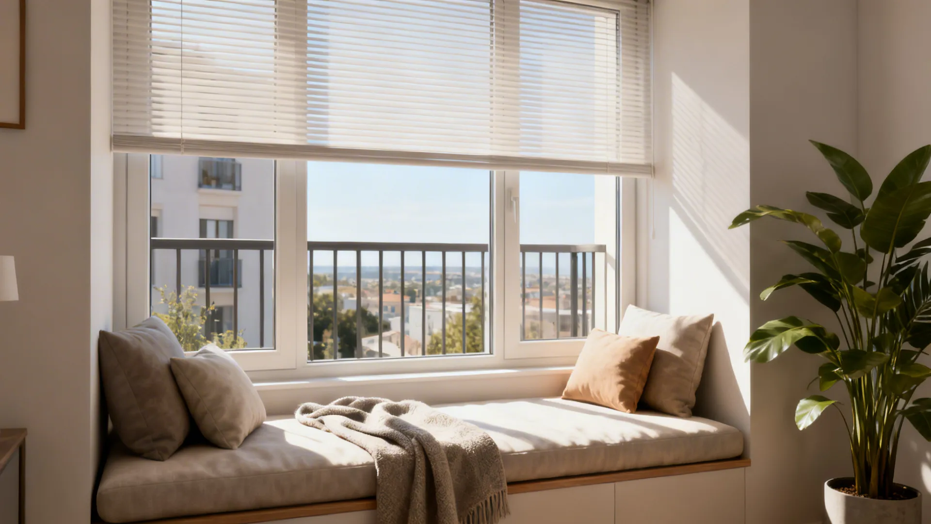 Daybed placed under a large window creating a sunlit lounge nook with blinds and plants.