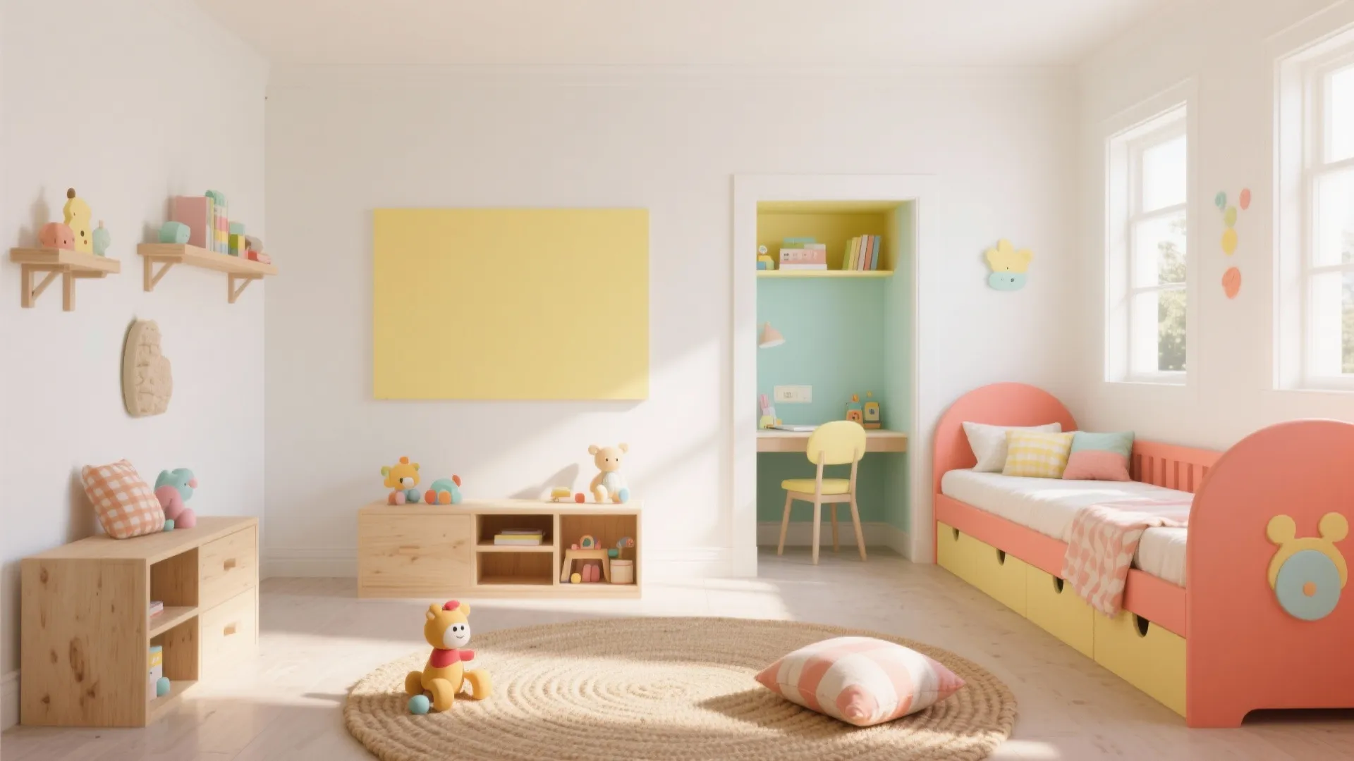 Sunlit colorful kids bedroom with pink bed wooden storage round rug and small study desk