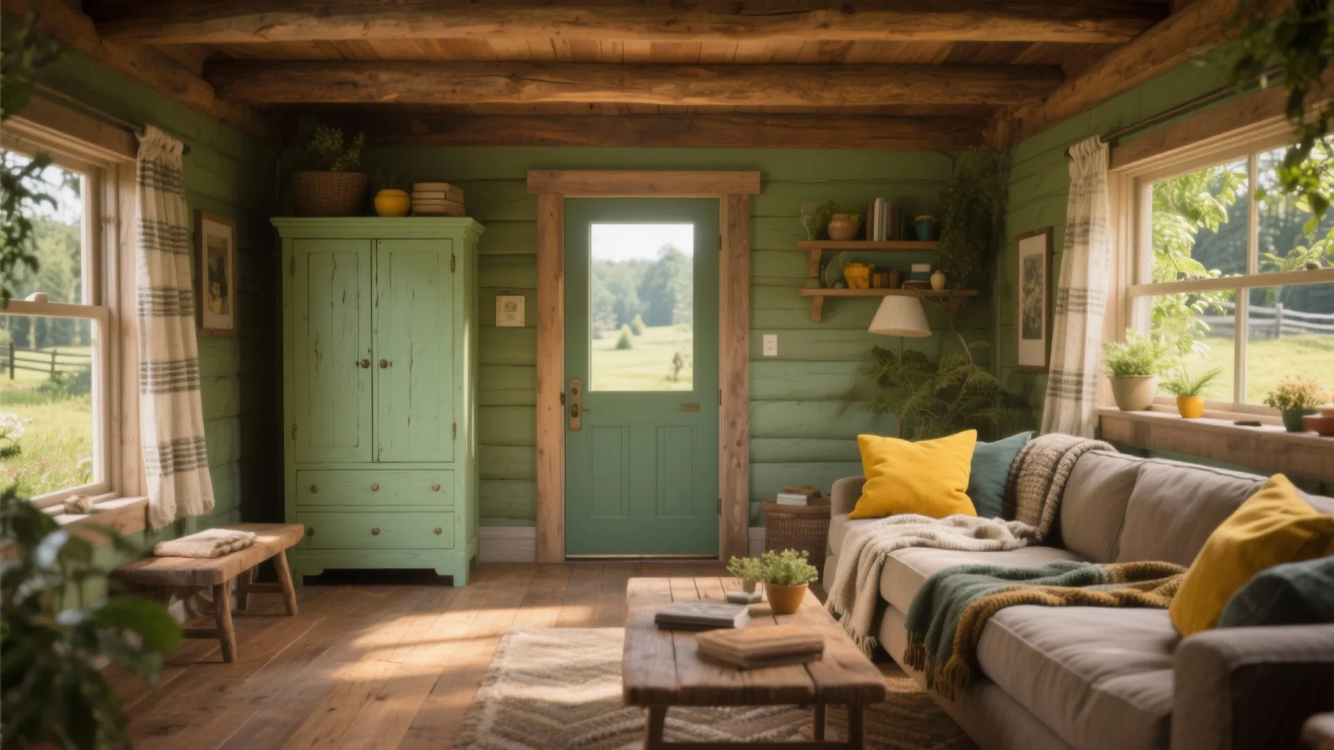 5. Sunlit Meadow: Sage, Mustard Accents, and Natural Wood