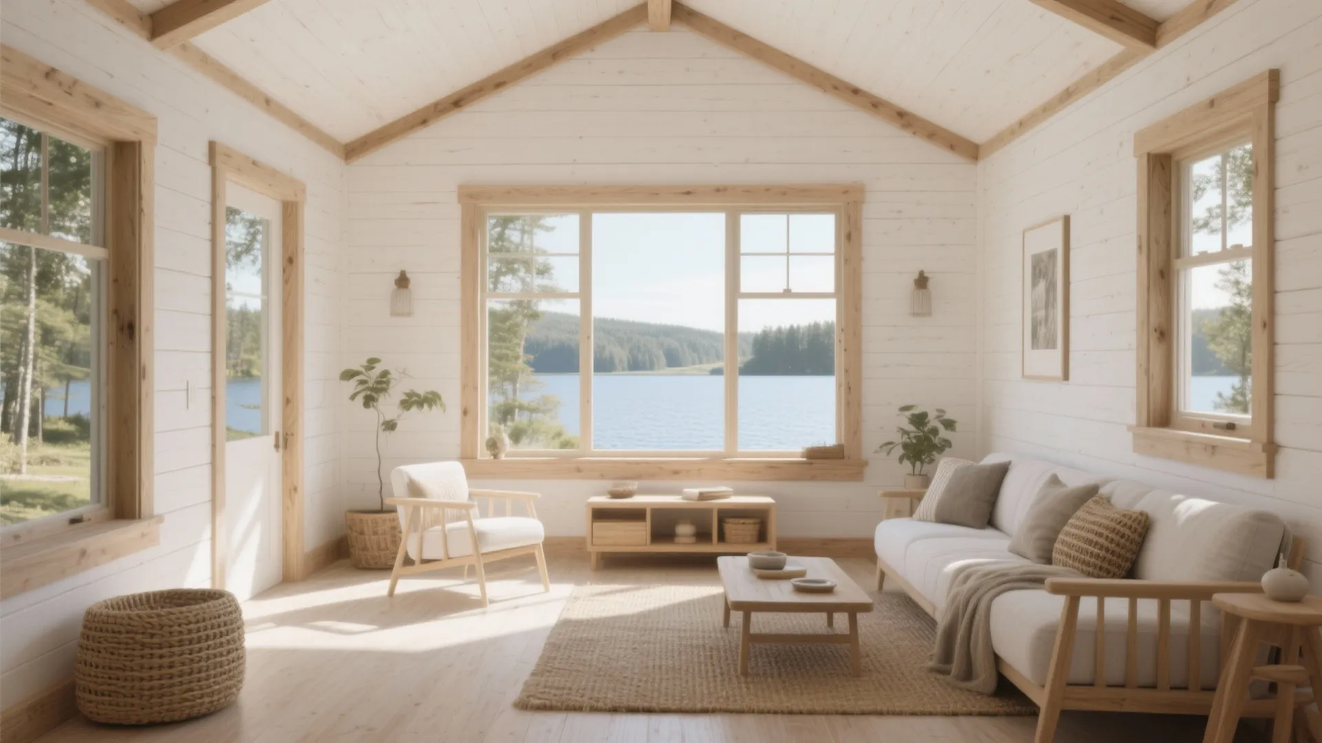 Bright white wooden cabin interior with sofa coffee table large windows and serene lake forest view