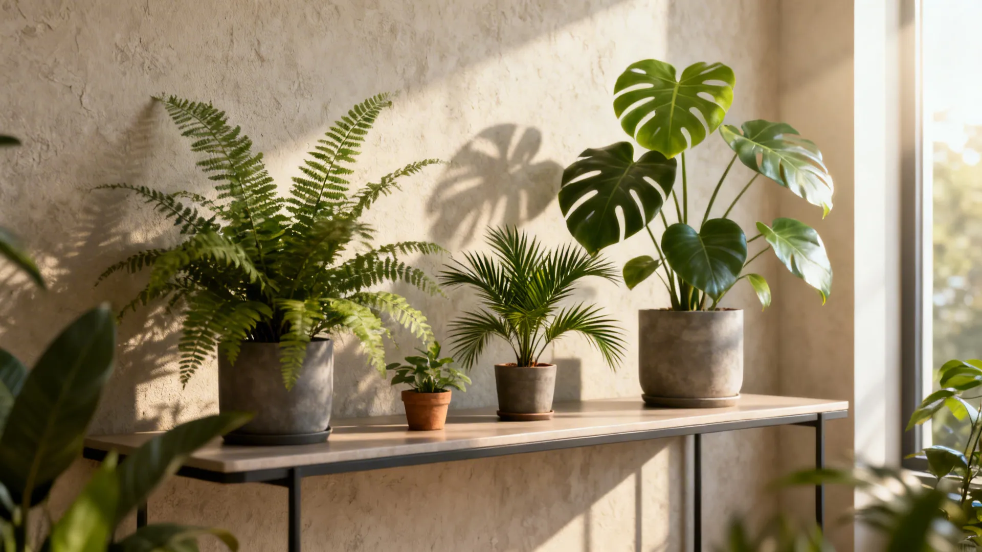 Sunlit corner with a console table and layered houseplants for a natural backdrop