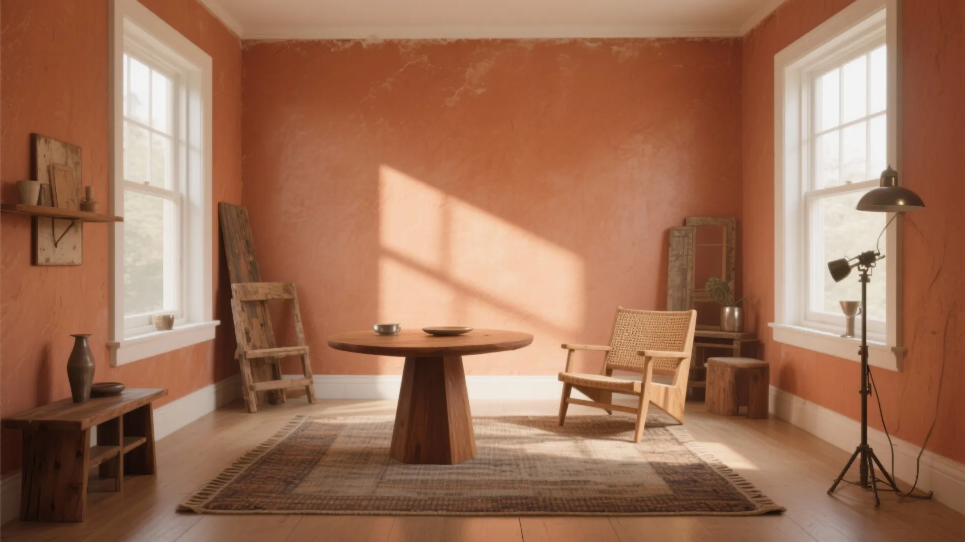 Sunlit room with orange walls featuring a round wooden table and a single wicker chair