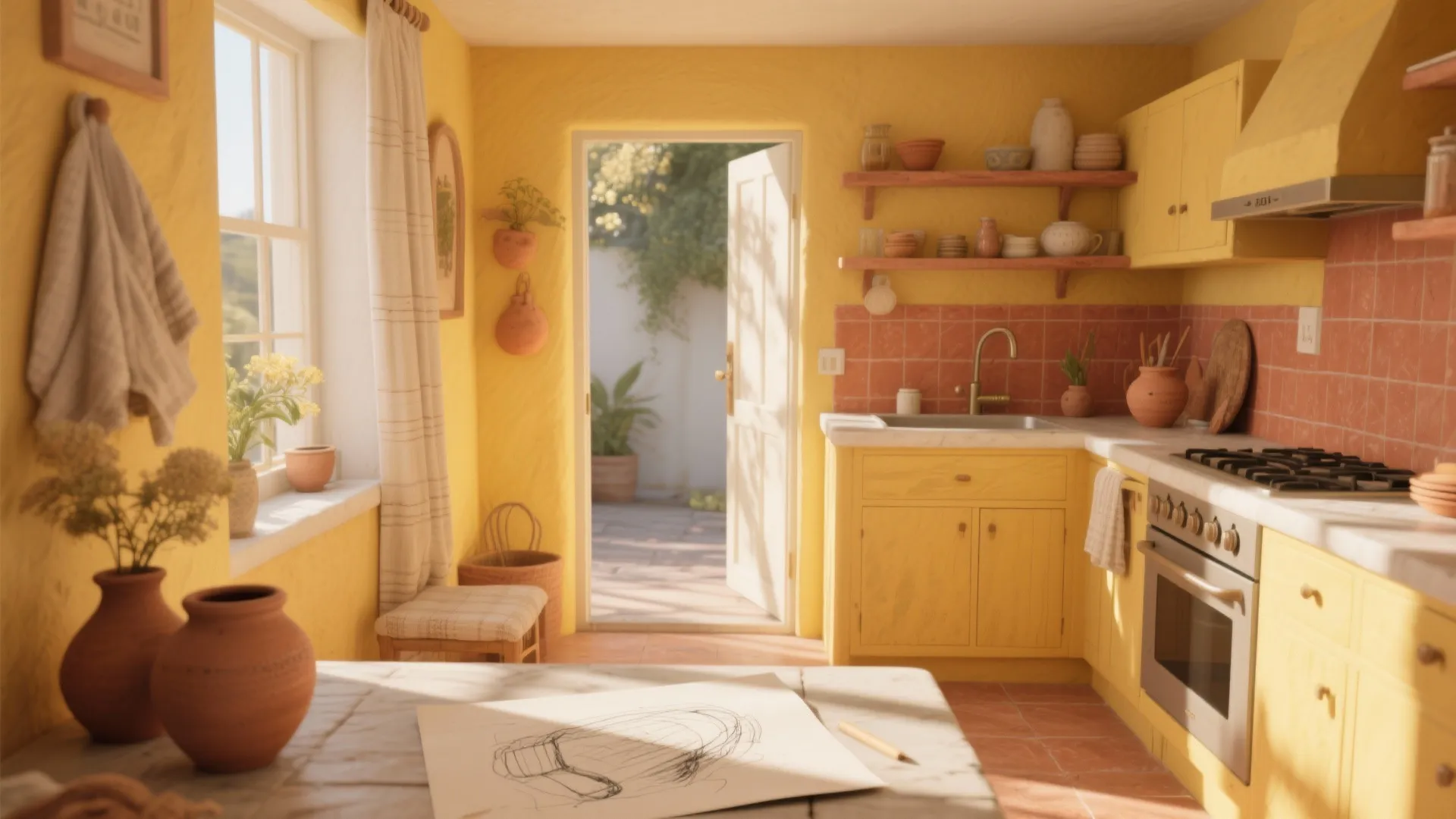 Sunlit small kitchen entry painted in warm yellow and terracotta, tempered with neutral textiles and clay accents to keep balance.