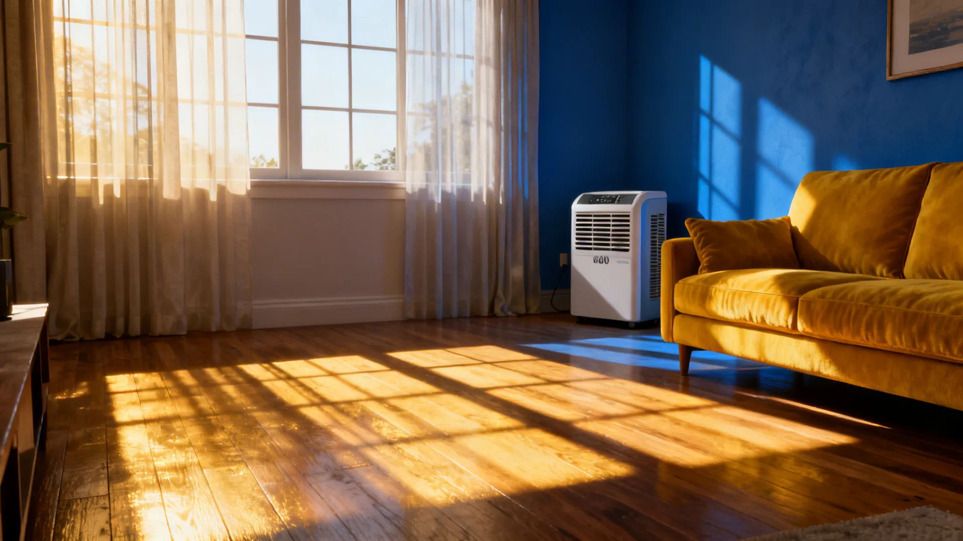 Living room with large south-facing windows creating sun patches while an 8000 BTU portable unit cools the shaded area.