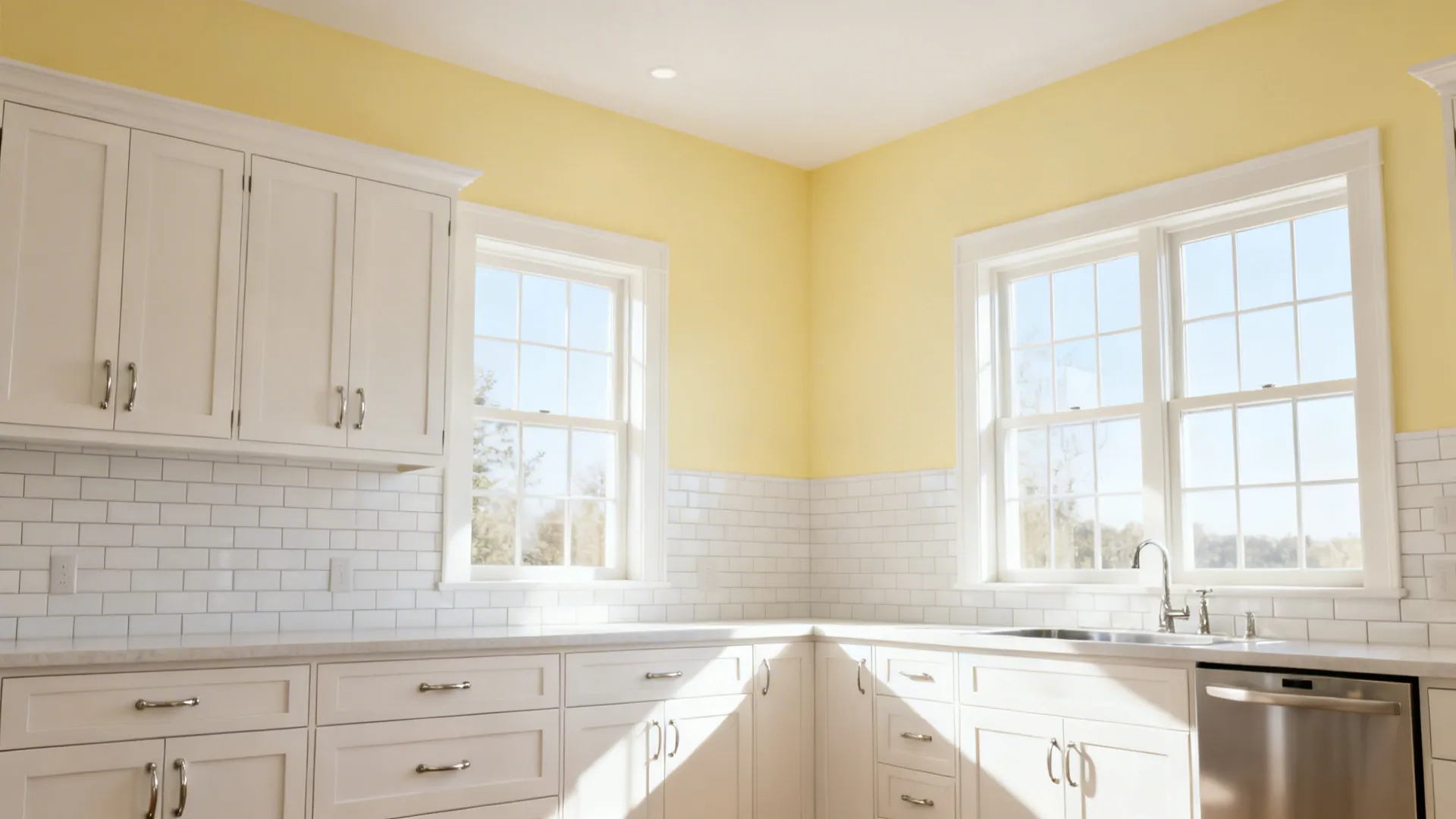 East-facing kitchen with pale yellow walls, white subway tile, and brushed nickel accents in morning light.