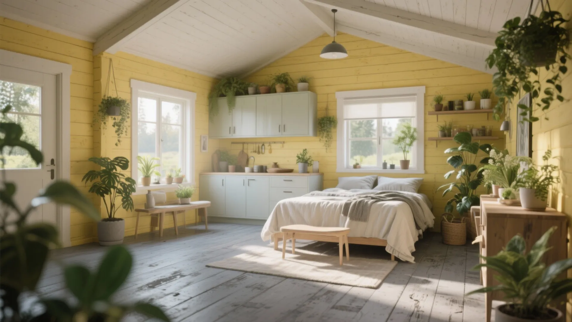 Bright yellow studio apartment interior featuring small kitchen area plus cozy bed and many green plants