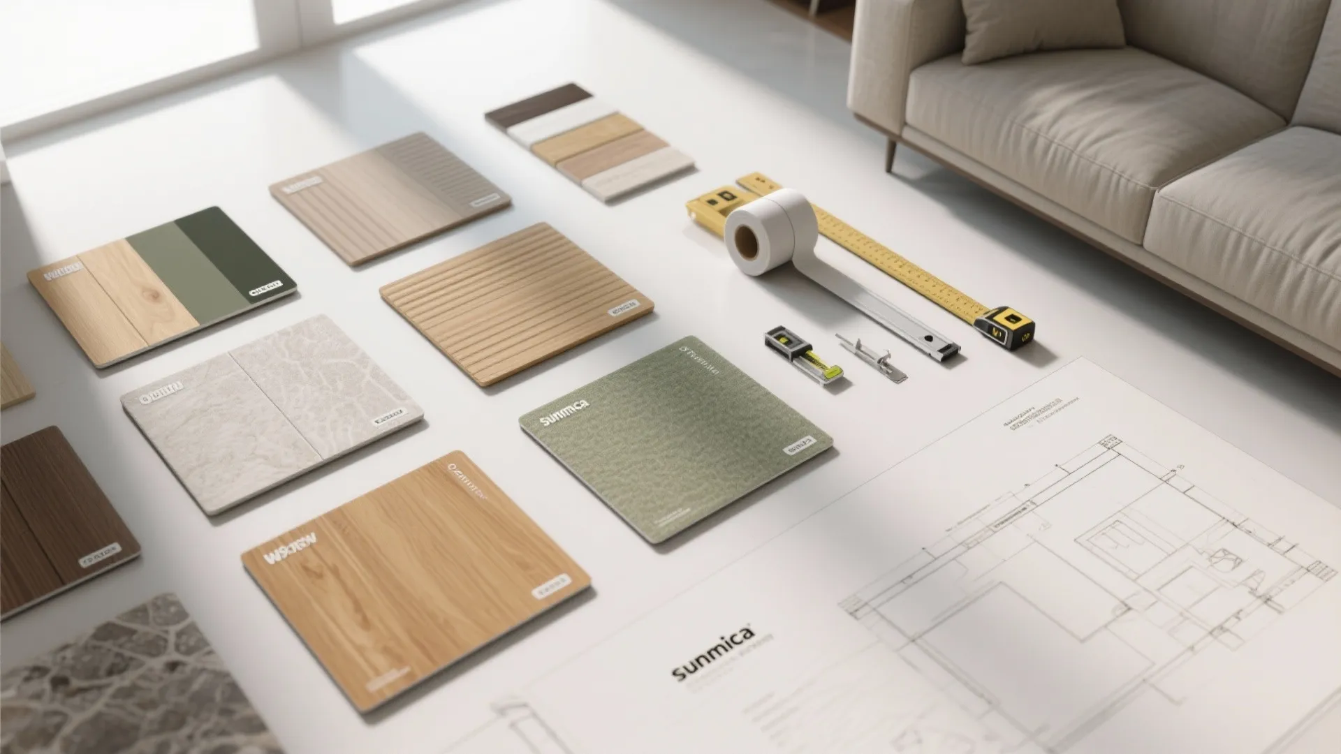 Interior design materials including wood samples and floor plan layout on a white floor with sofa