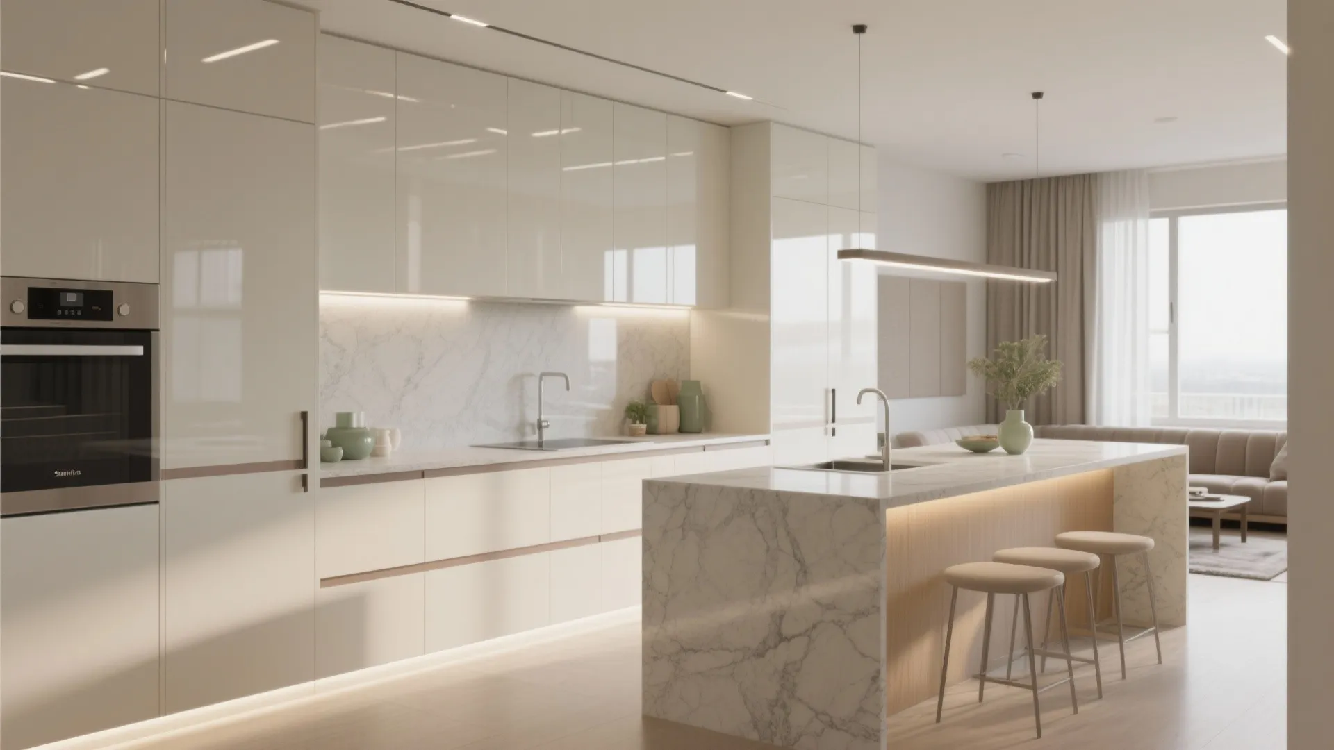 Minimalist kitchen design with white glossy cabinets marble island stools integrated oven and bright windows