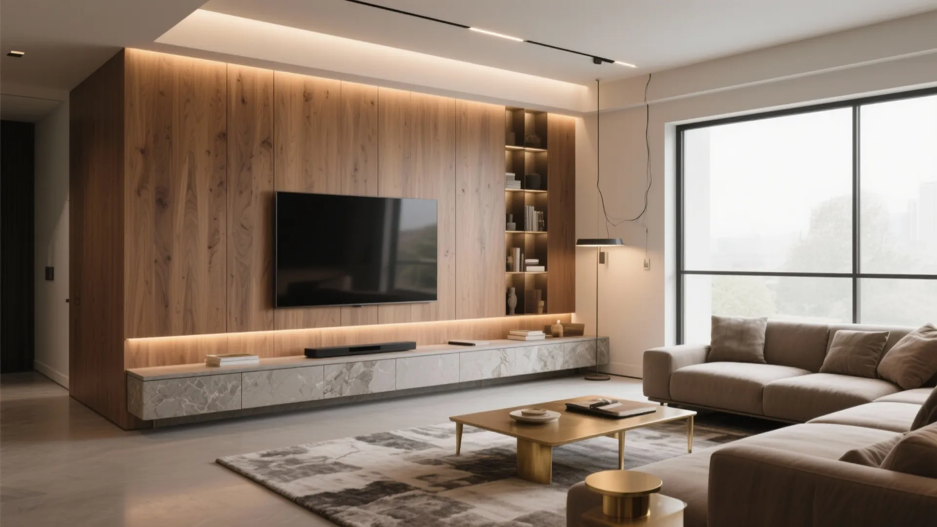 Modern living room with wood wall panel, large television, beige sofa, floor lamp, and window