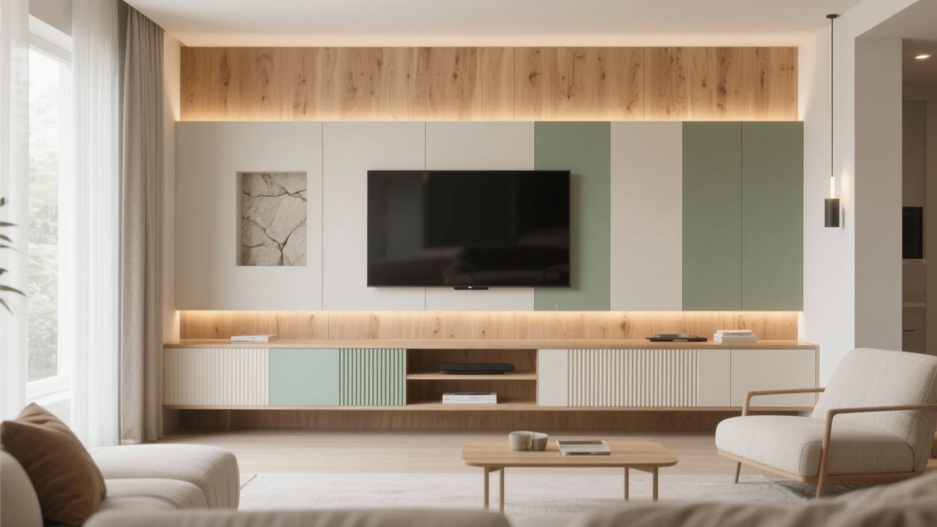 Modern living room featuring green and white wall panels with a television and wooden cabinet