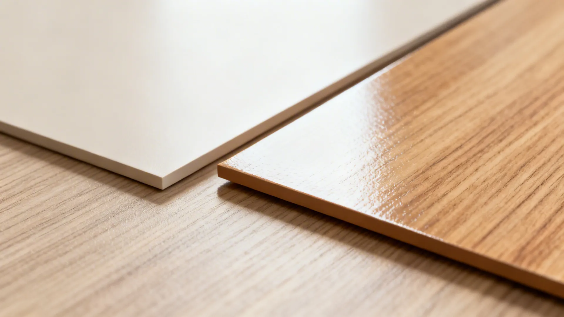 Macro study of matte, gloss, wood-look, and textured sunmica under daylight and warm LEDs.