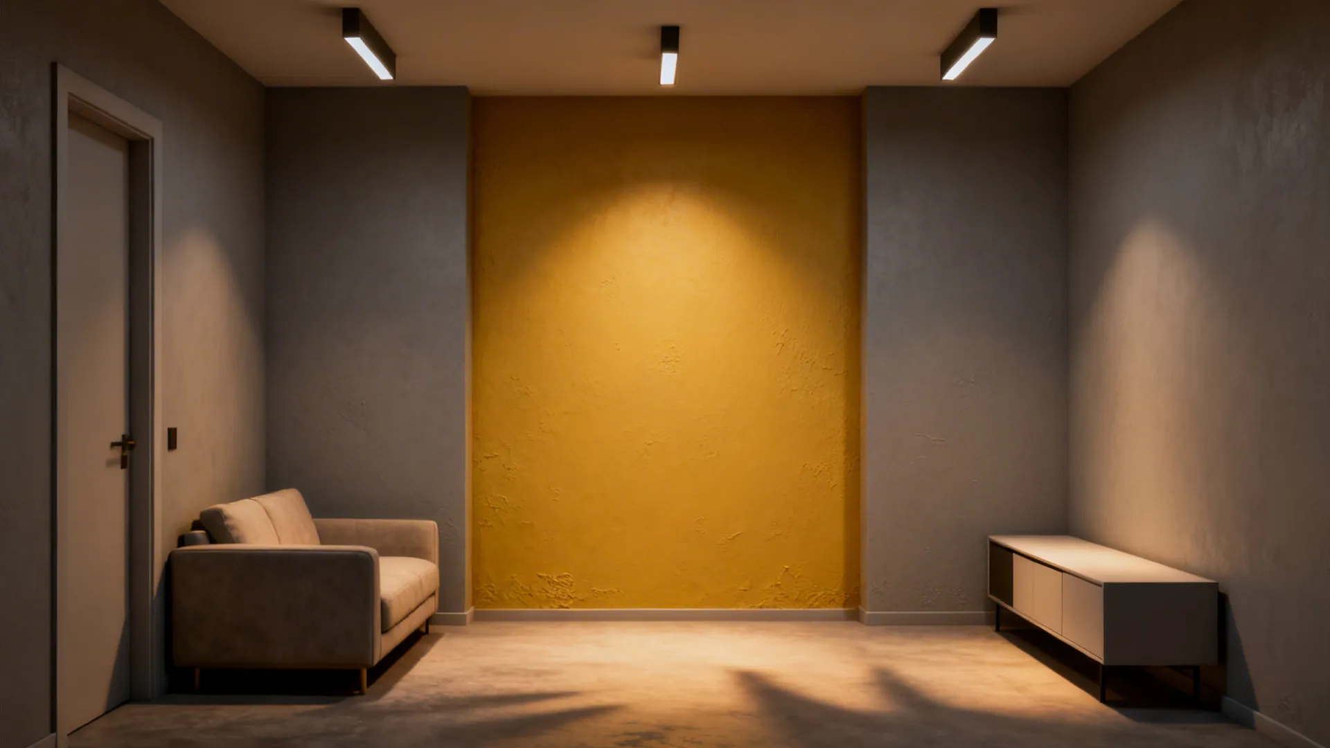 Room with grey walls yellow accent wall beige sofa white cabinet and three ceiling lights