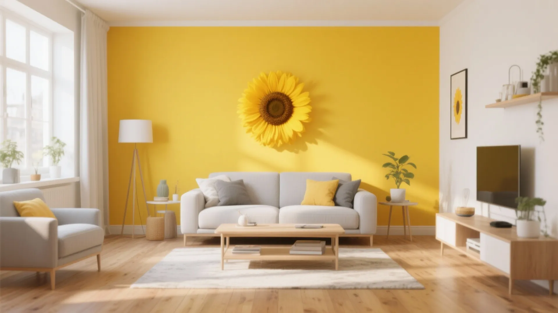 Bright living room featuring yellow accent wall with sunflower decor white sofa and wood floor