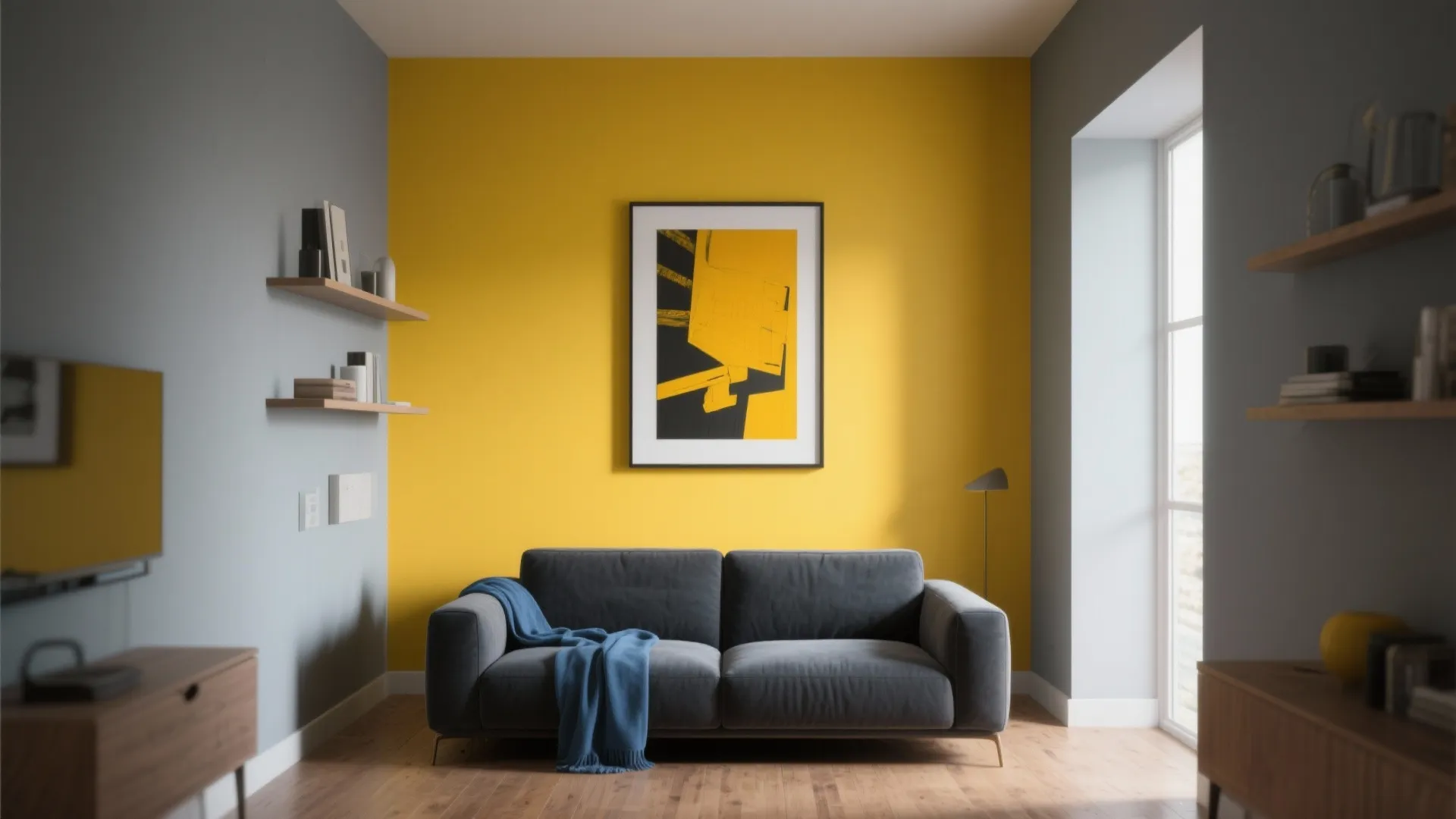 Living room interior design drawing with yellow accent wall grey sofa and wooden wall shelves
