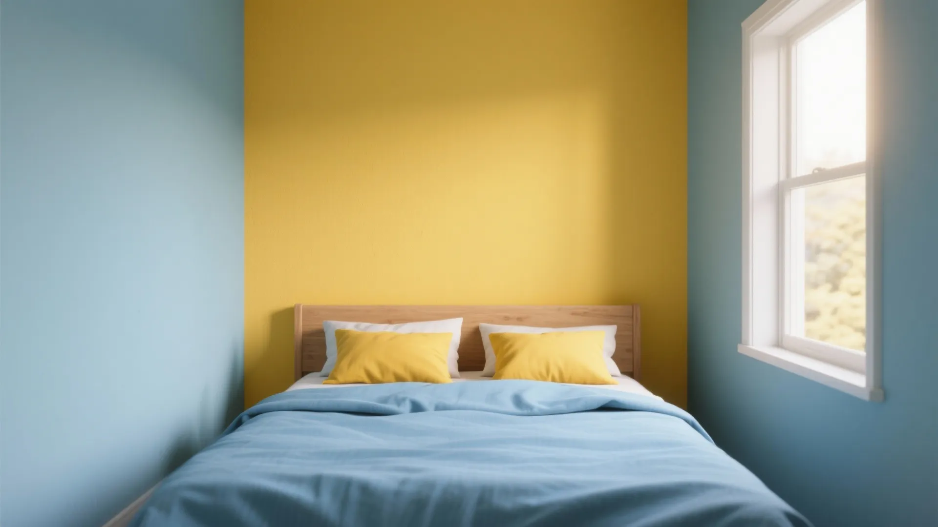 1. Sunny Accent Wall with Soft Blue Bedding