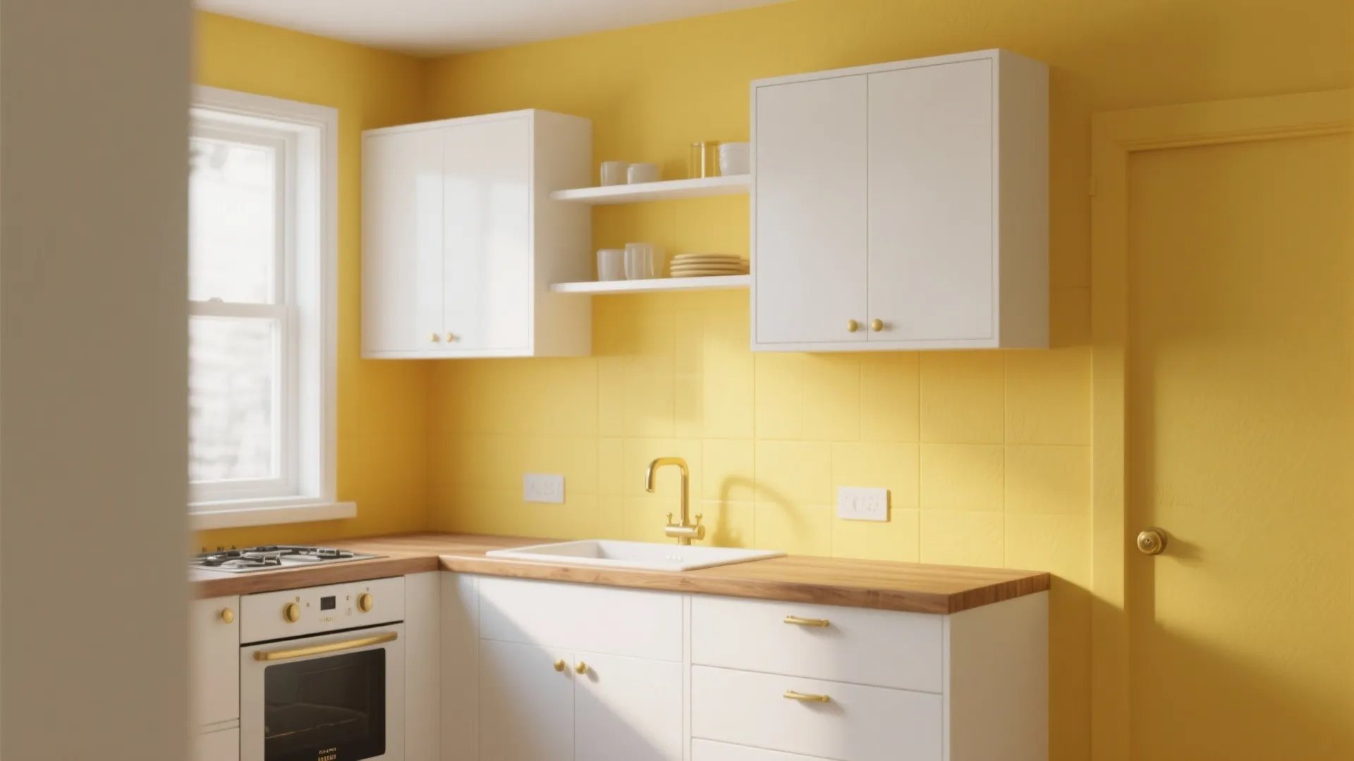 1. Sunny Accent Wall with White Cabinetry