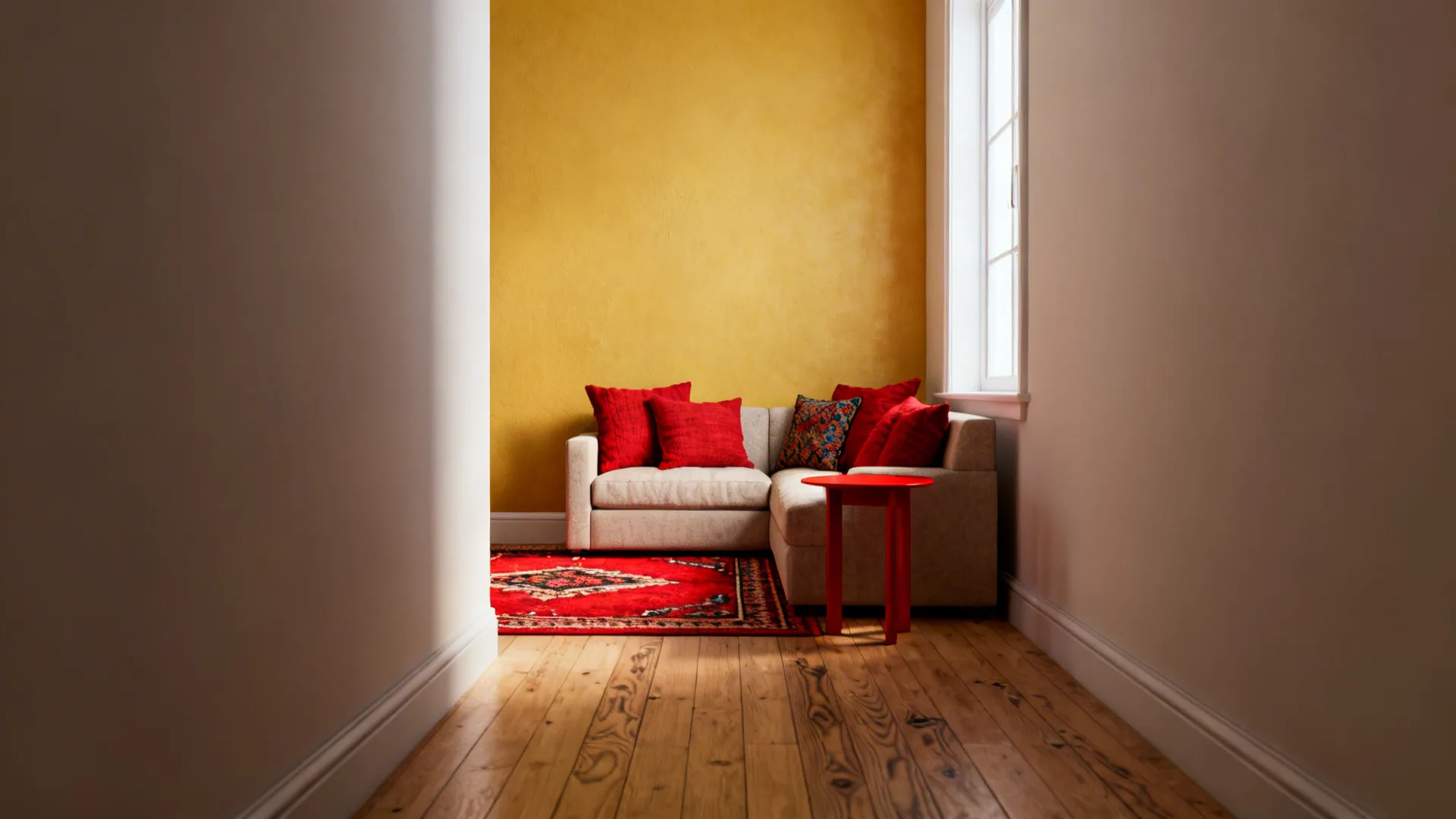 Narrow living room with a buttery yellow accent wall and red decorative details.