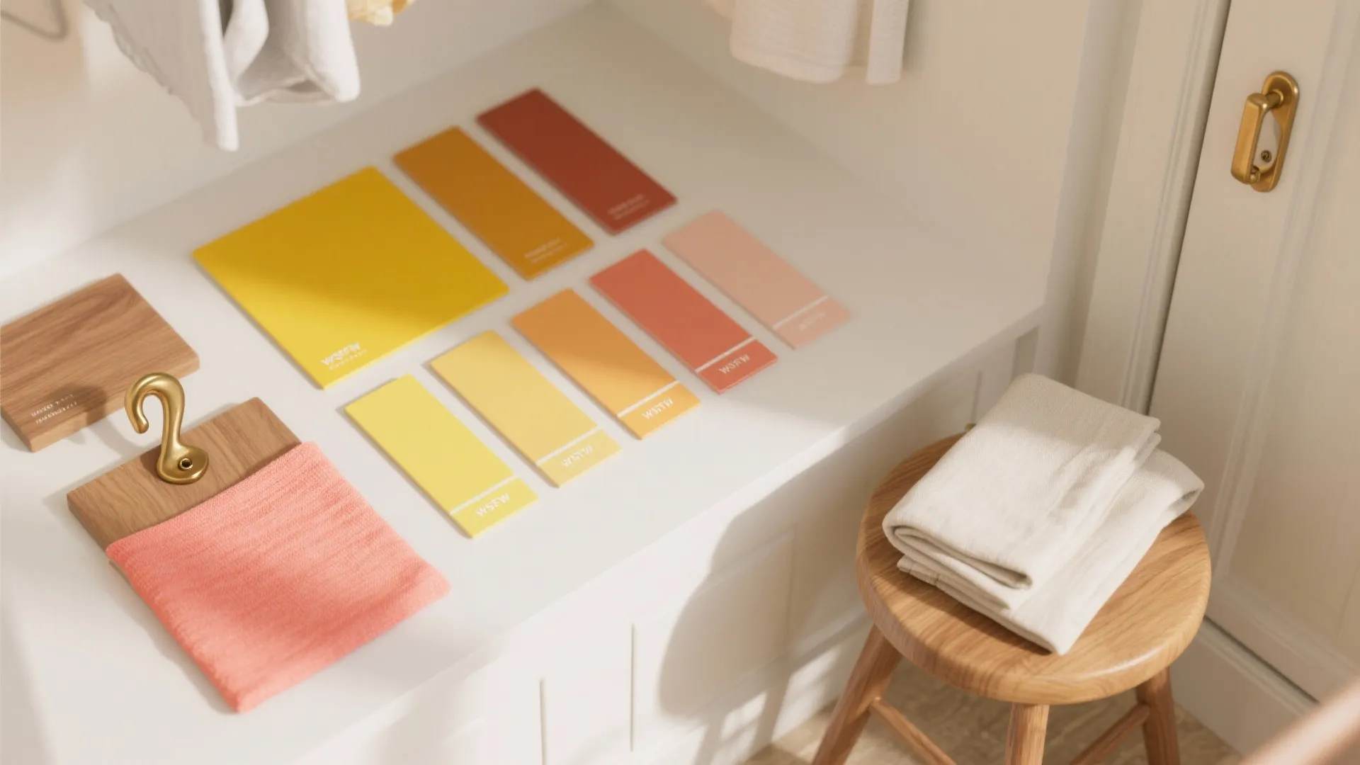 Top view of colorful paint color samples on a white surface with a wooden stool