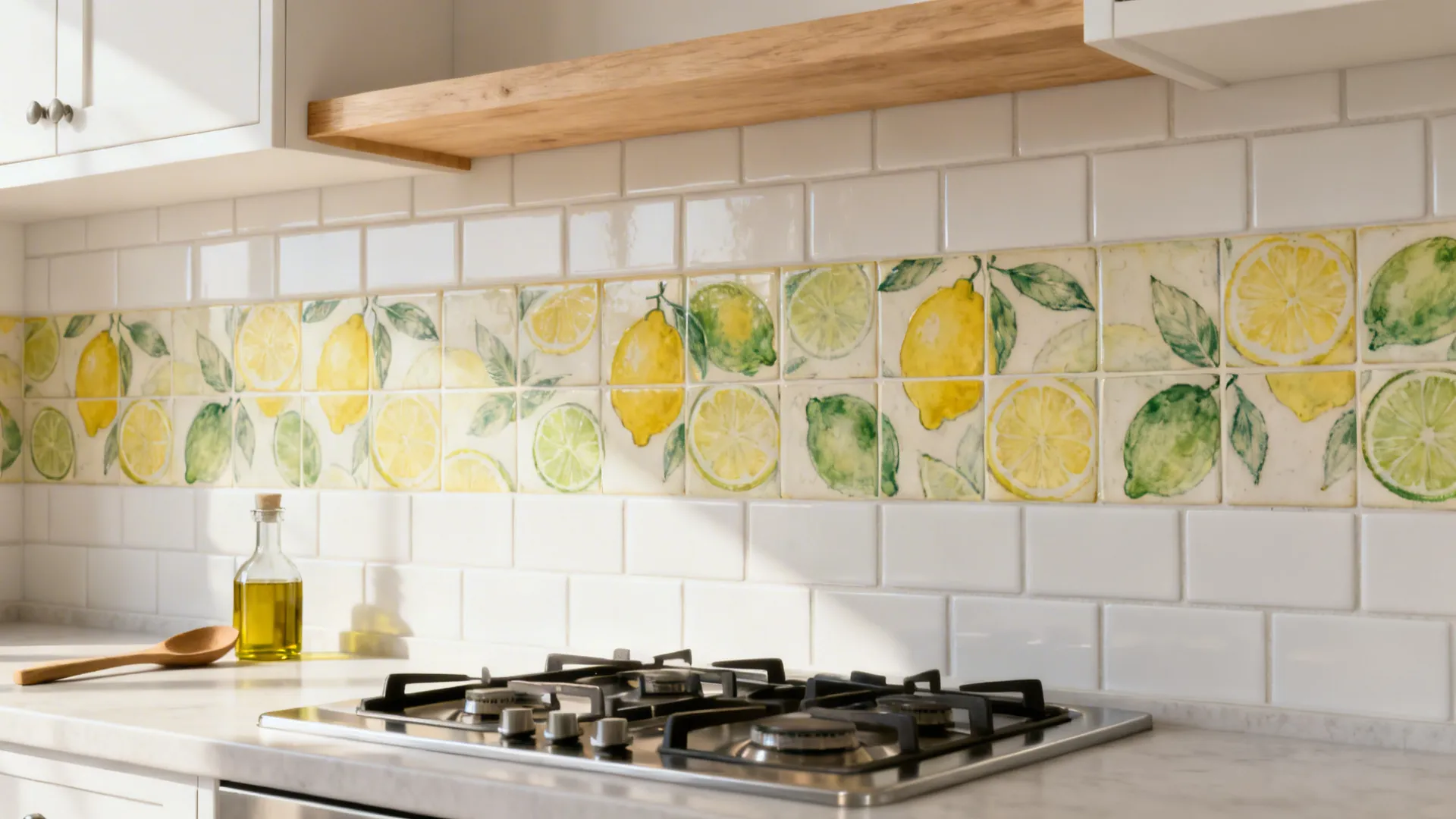 Chalky lemon and lime feature tiles set within white subway backsplash under an oak shelf.