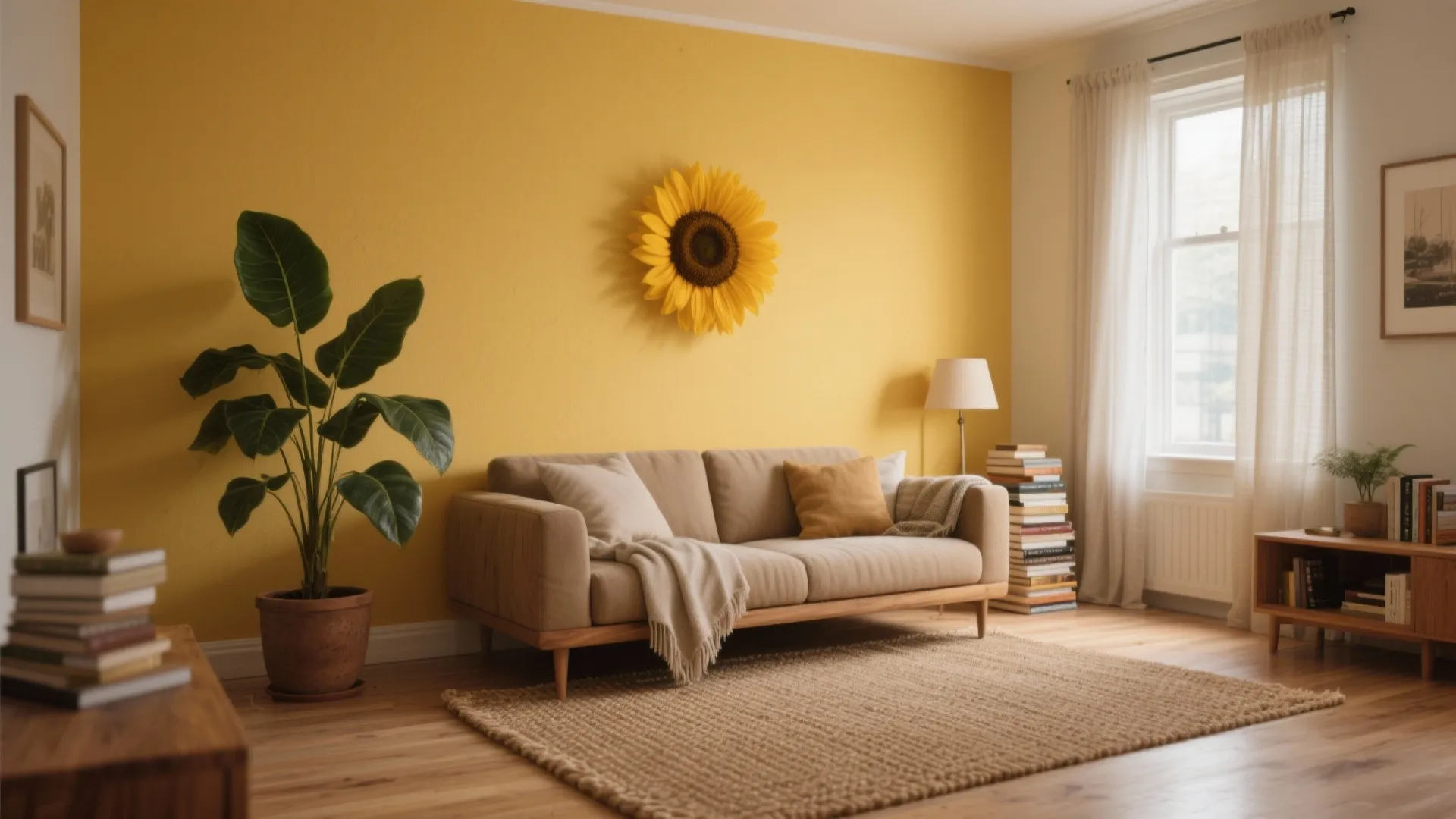 Bright living room with yellow wall sunflower decoration beige sofa green plant rug white curtains
