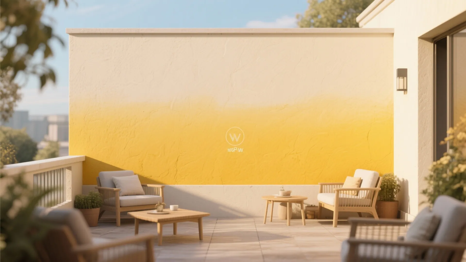 Sunny outdoor patio area featuring yellow ombre wall paint with wooden sofas and small coffee tables