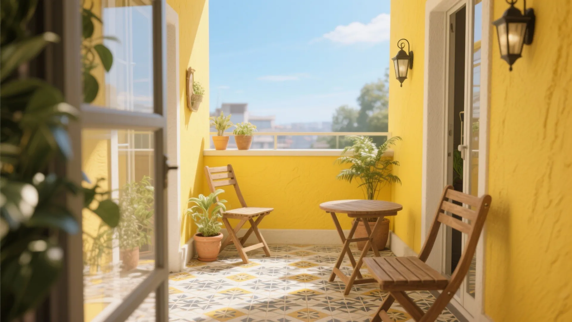 Sunny yellow balcony with patterned floor tiles wooden table two chairs and wall light fixtures
