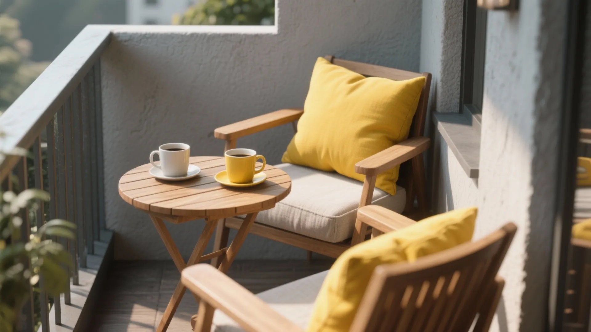 Cozy balcony with two wooden chairs yellow pillows small wooden table and two warm coffee