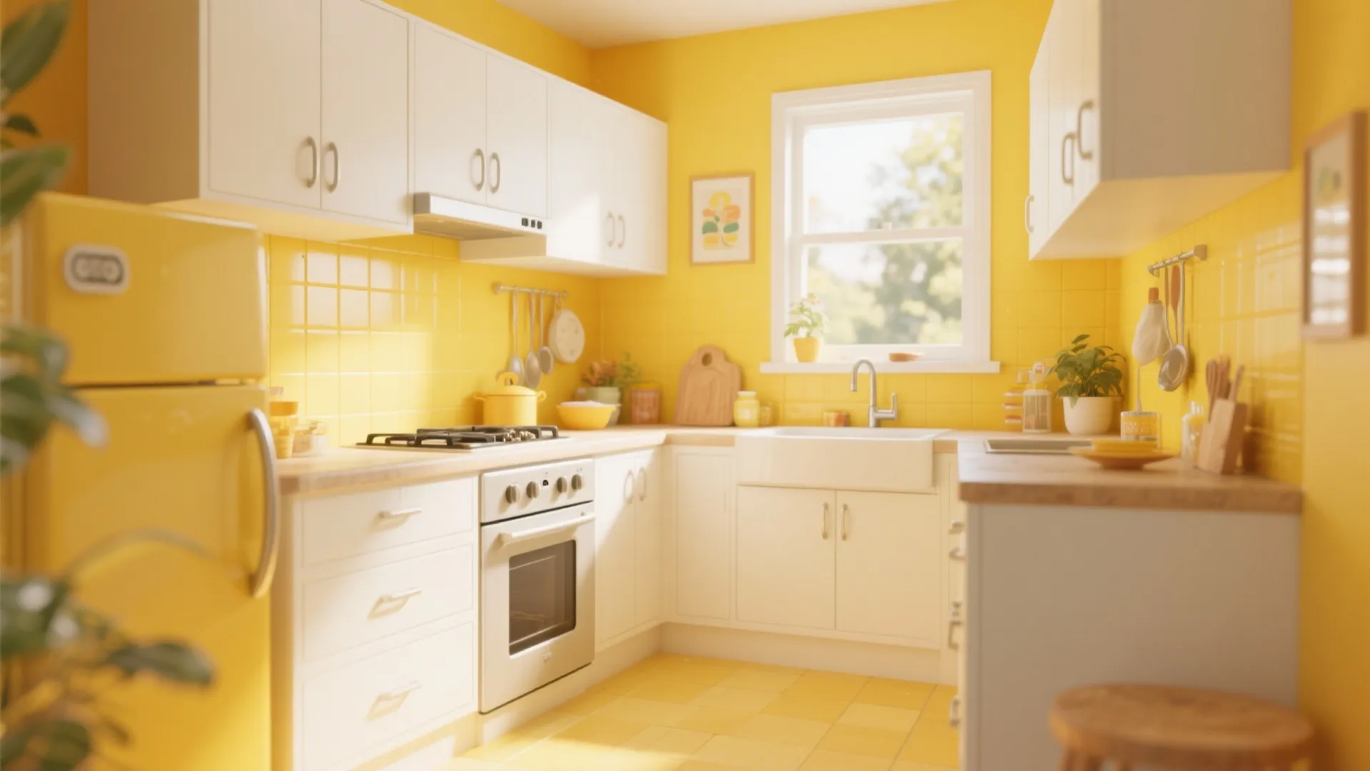 Bright yellow kitchen featuring white cabinets yellow fridge stove window and light colored wood kitchen floor