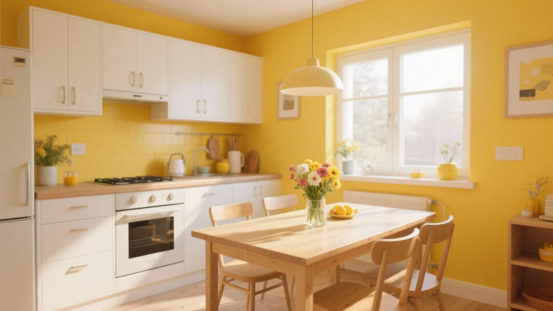 Bright yellow kitchen interior with white cabinets wooden dining table flowers and natural window light