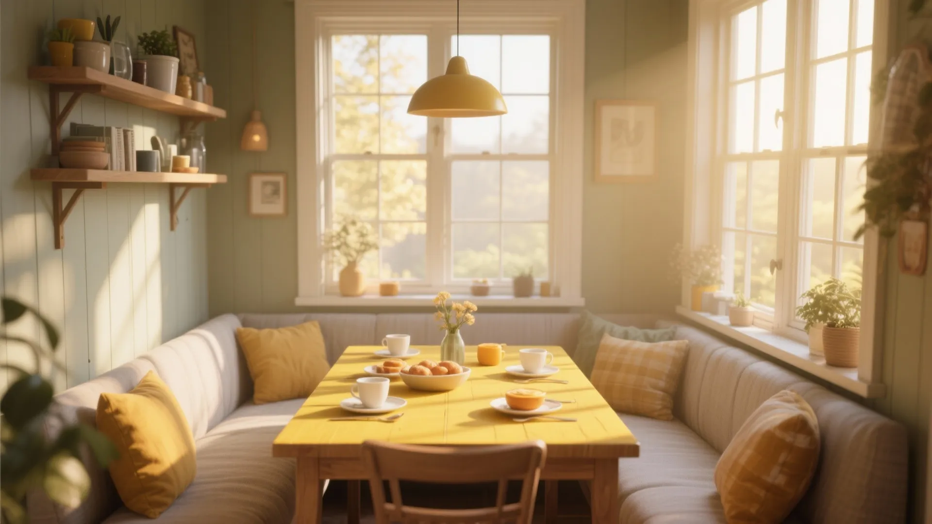 Sunny yellow dining table with grey corner sofa seating and yellow pillows in bright breakfast nook