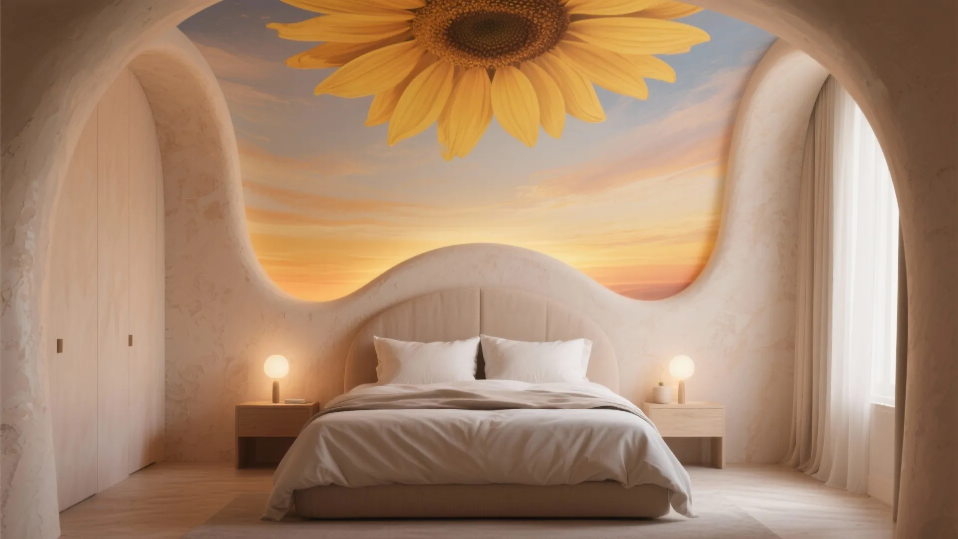 Unique bedroom with a curved ceiling mural showing a large sunflower against a sunset sky
