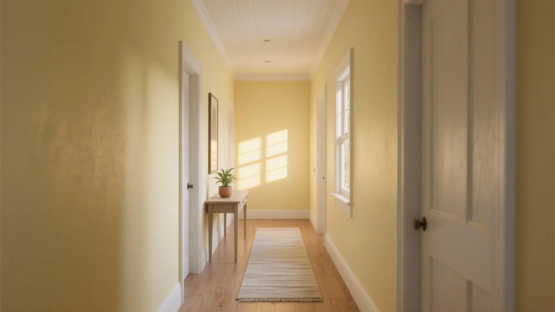 Long hallway with yellow walls white doors wooden floor narrow rug and small side table