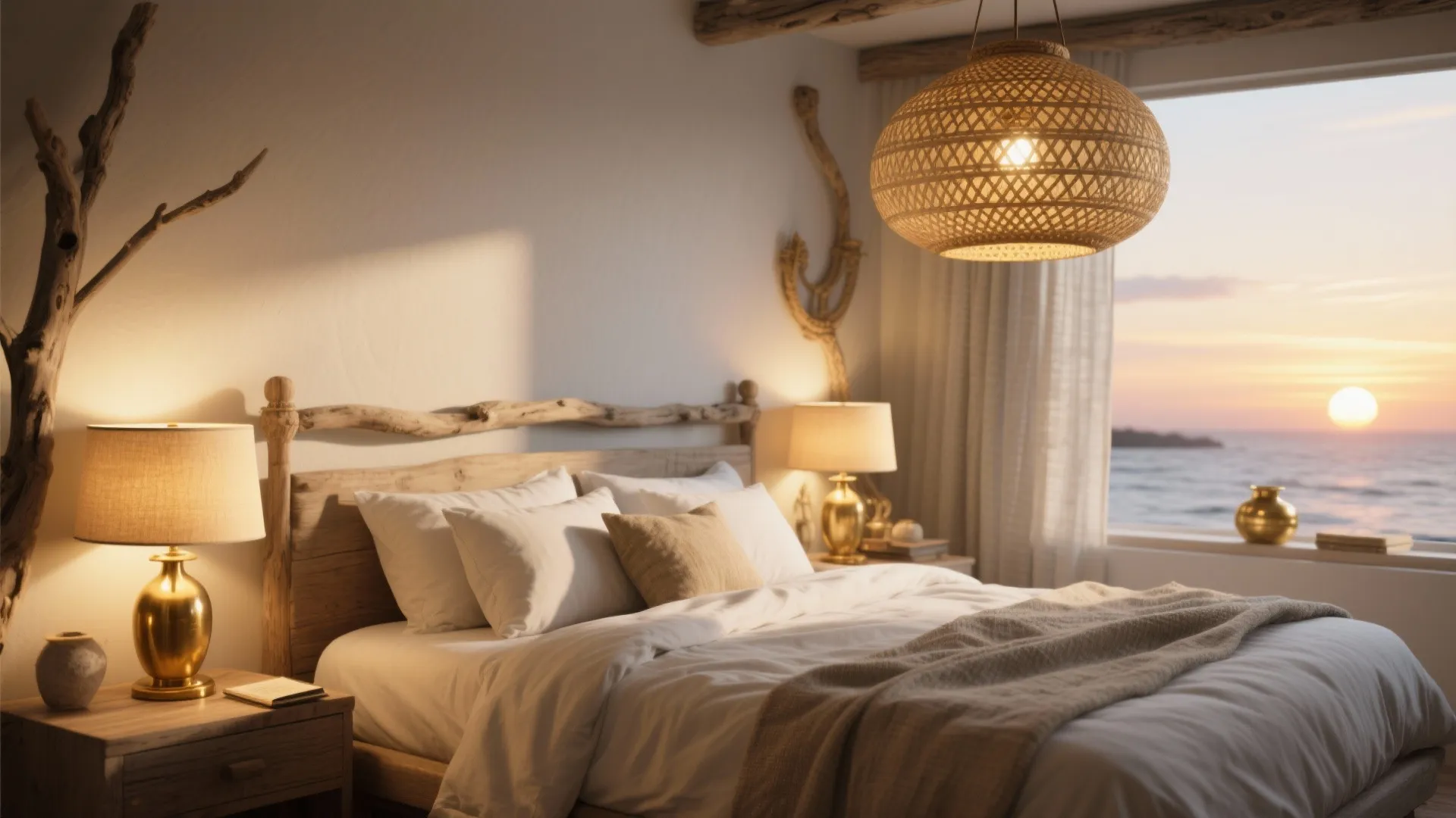 Warm bedroom interior with a woven ceiling light and sunset view over the blue ocean