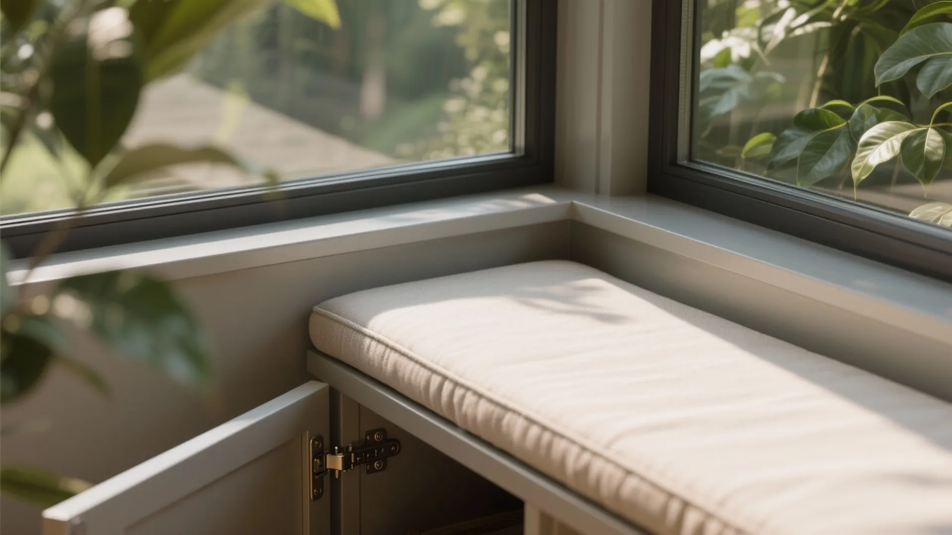 Close up of a window seat with white cushion storage cabinet and green plants in sunlight