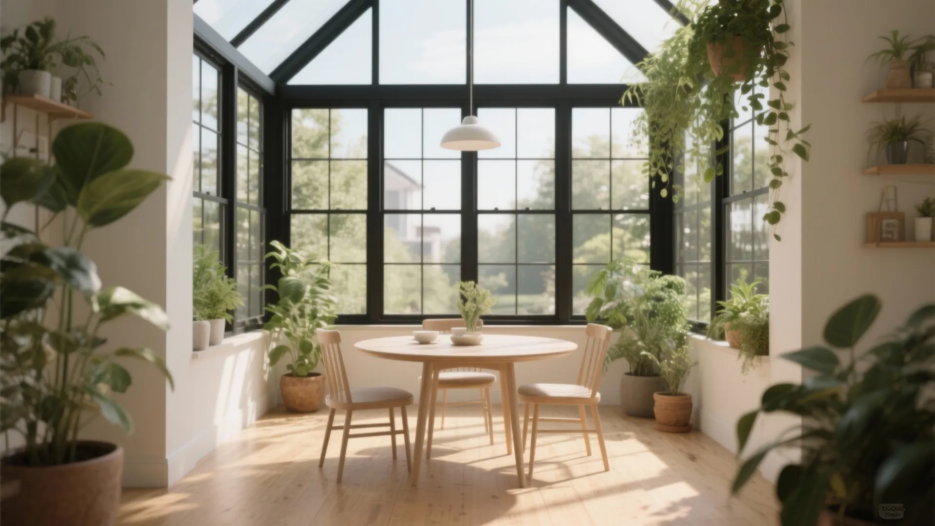 Bright sunroom with black windows, round wooden table, three chairs, green plants, and wooden floor