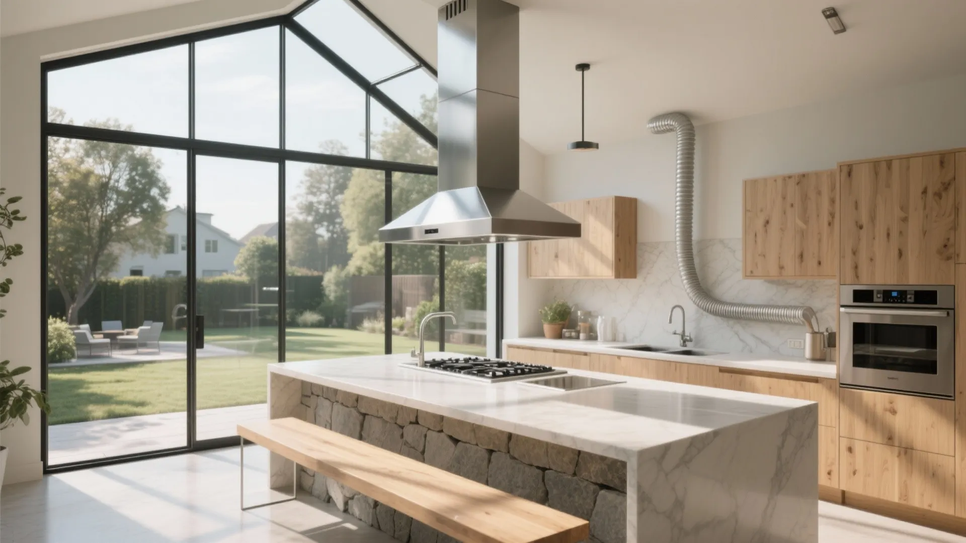 3. Glass-Enclosed Sunroom Kitchen (with Vent Hood Planning)