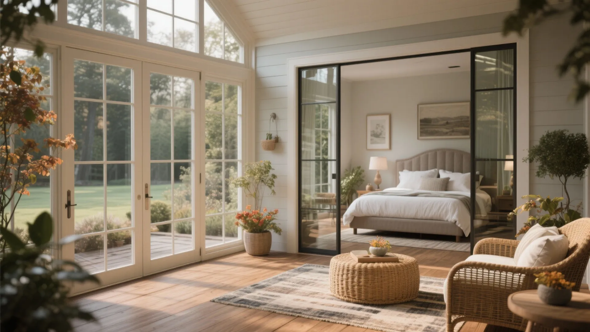 Glazed sunroom attached to a master bedroom showing indoor-outdoor connection with insulated glazing and seasonal seating.