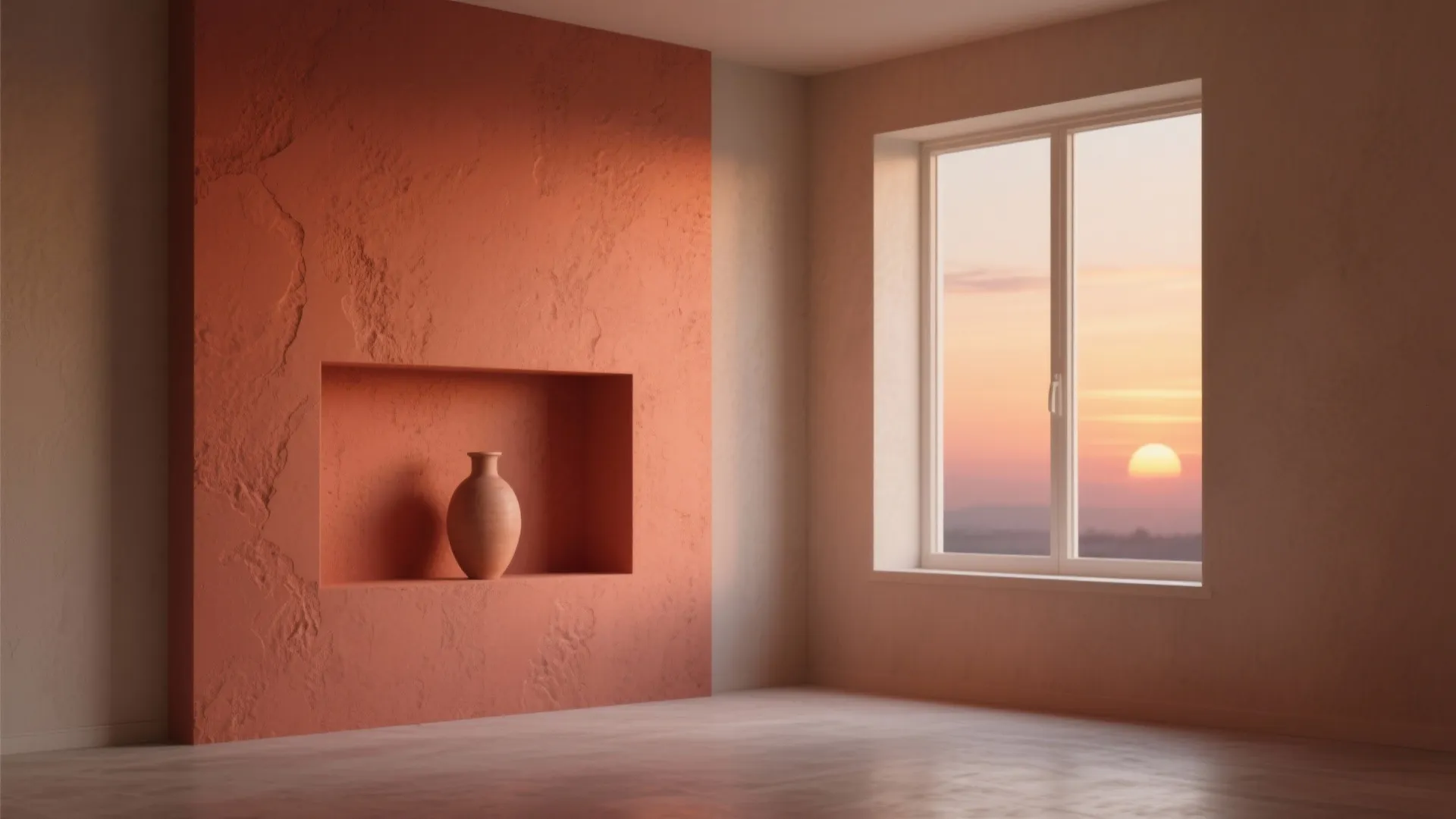Bedroom with a terracotta accent wall facing the window, glowing with sunset light.