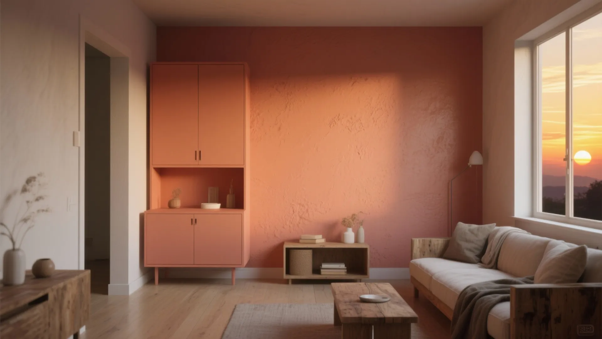Minimalist living room with coral pink wall, orange cabinet, sofa, and window showing a sunset