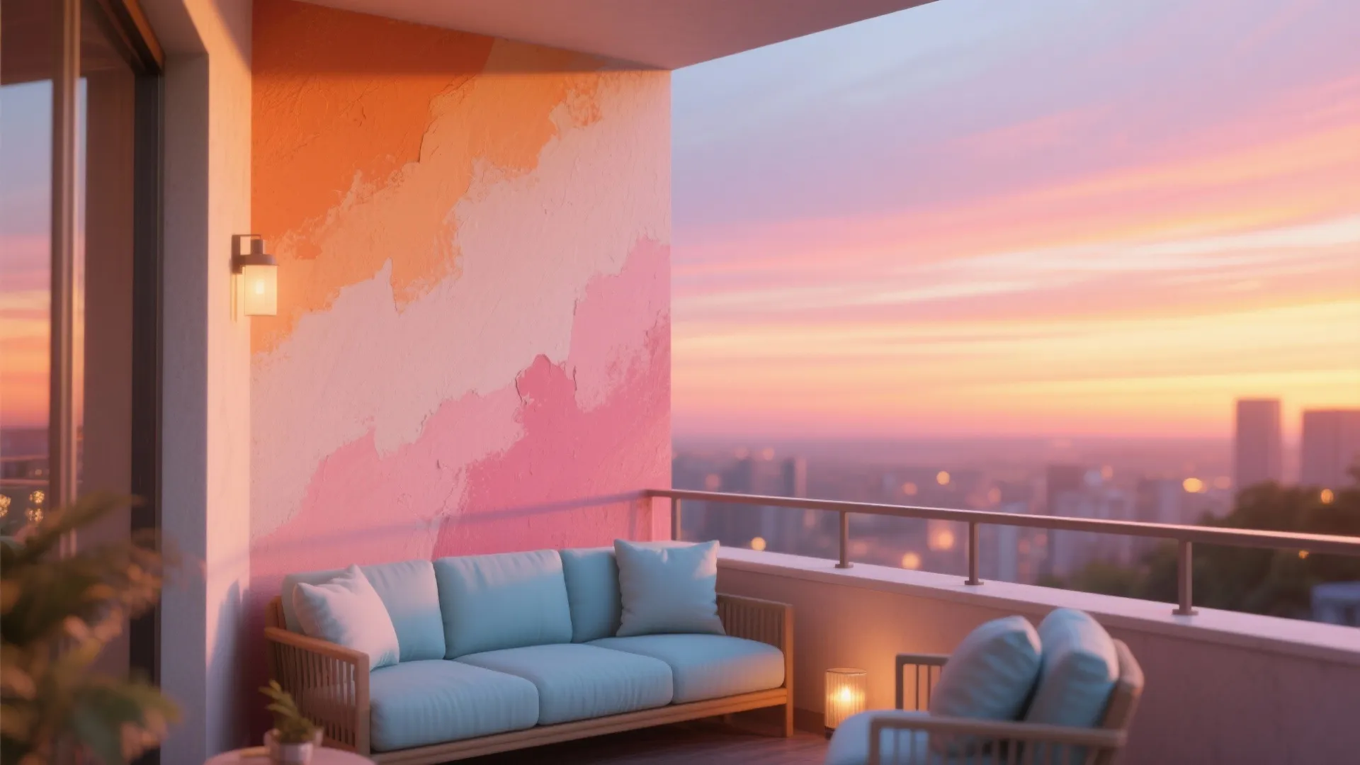 Balcony at sunset featuring a pink painted wall blue sofa and a wide city view