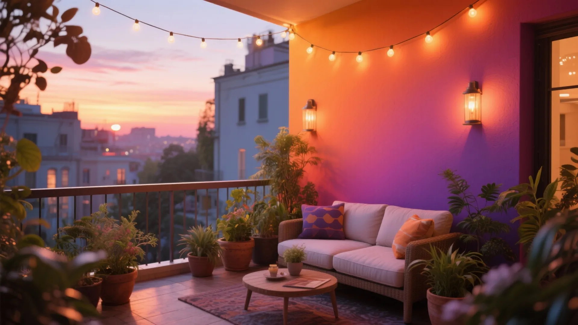 Sunset balcony with sofa, string lights, wall light, purple wall, and city view at night